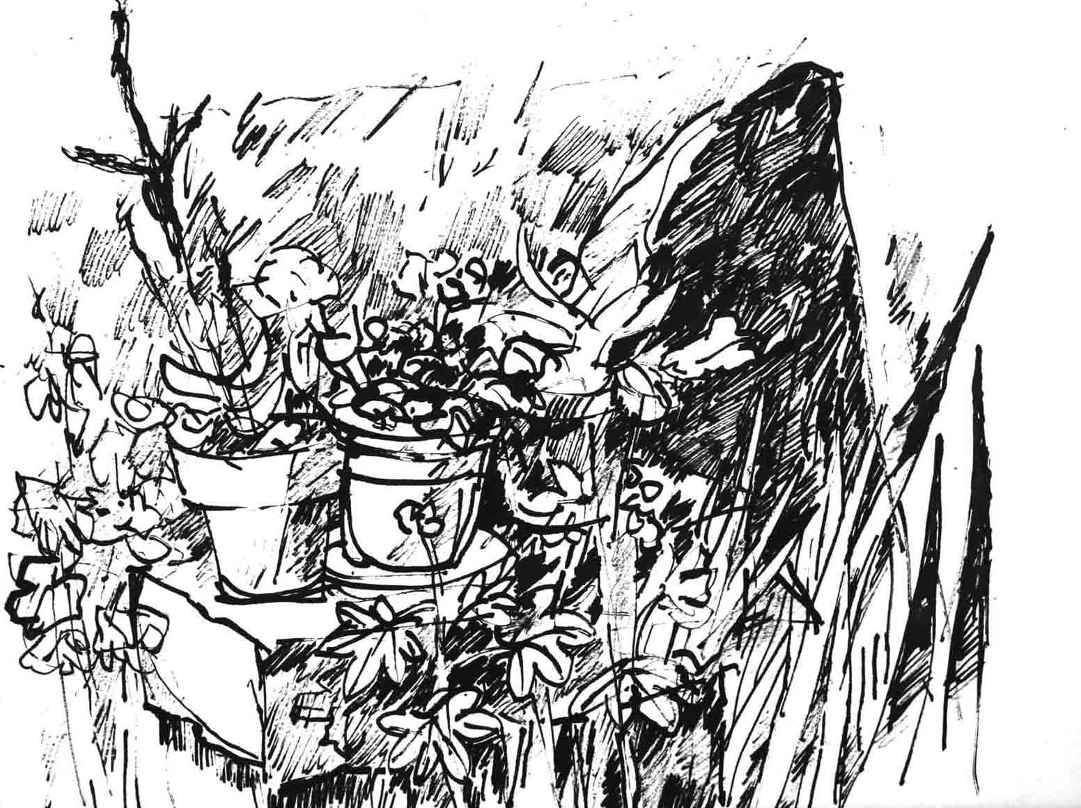 image of a scene in the garden, Chinese ink drawing, title: In the garden - 10