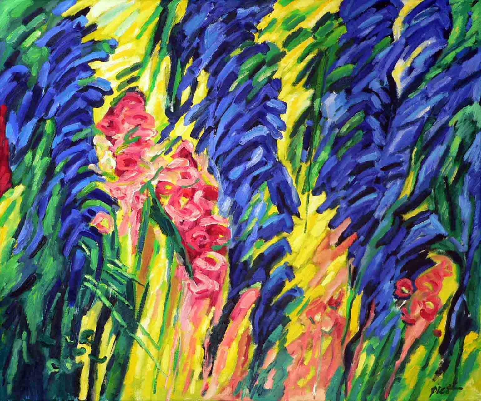 image of oil painting on canvas, Hollyhocks and sage