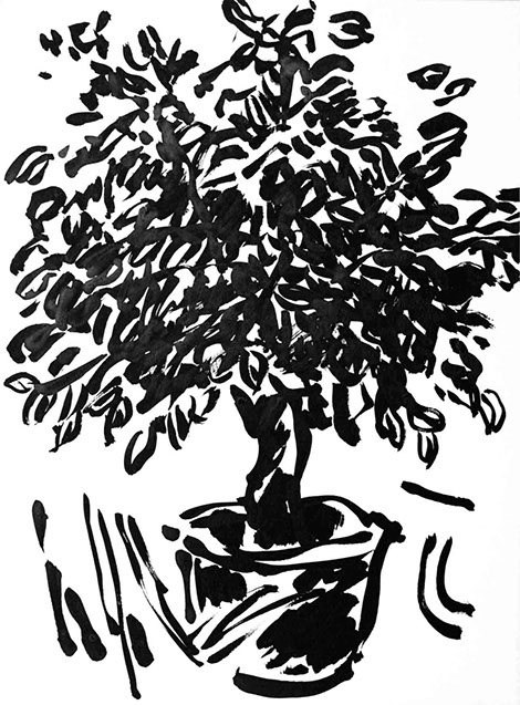Image of an in Chinese ink drawn lemon tree, title: The Lemon Tree - 16