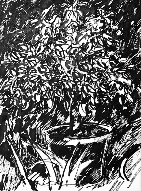 Image of an in Chinese ink drawn lemon tree, title: The Lemon Tree - 17