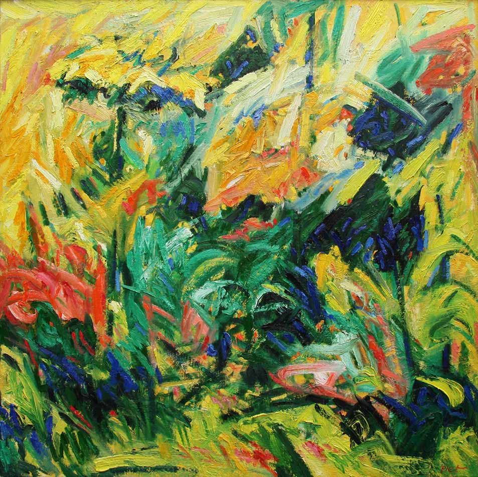 image, oil on canvas, Chaotic garden-Spring, Piet Snoeren, Dutch artist