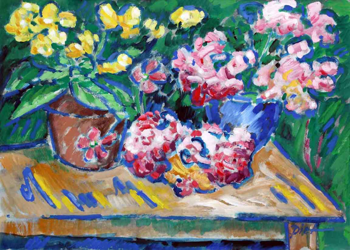 image of gouache, title: Pots with flowers