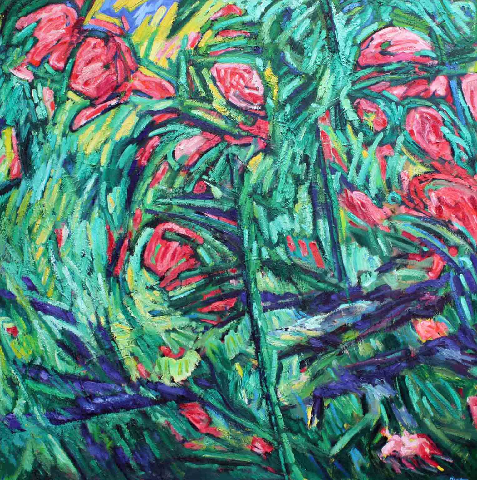 image of oil painting on canvas, theme: vital urge, title Scarlet outburst 2