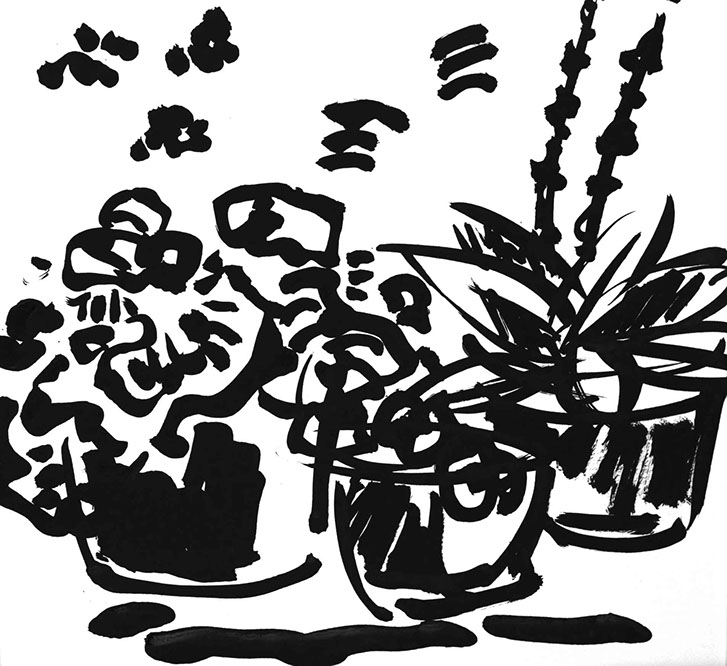 Représentation d'un (détail d'un) jardin en encre de Chine, titre Dans le jardin - 2