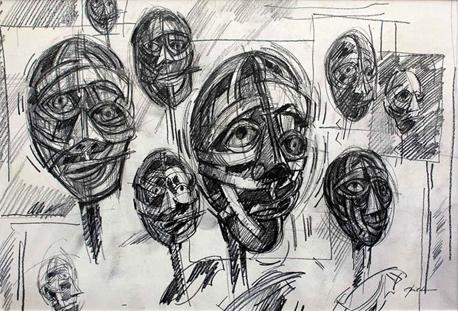 Représentation d'un dessin au crayon; titre: Têtes