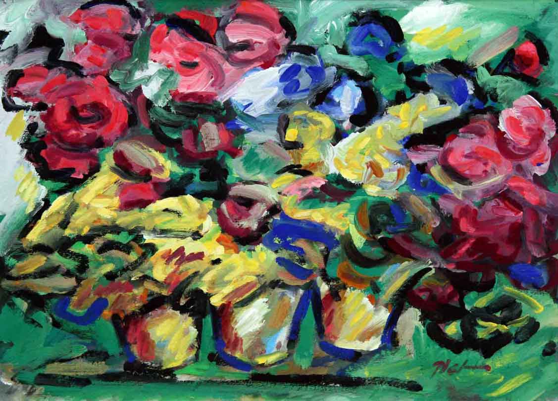 Représentation d'une gouache, titre: Pots aux fleurs.