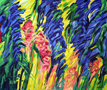 afbeelding van olieverf op linnen, Stokrozen en salie