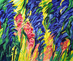 afbeelding van olieverf op linnen, Stokrozen en salie