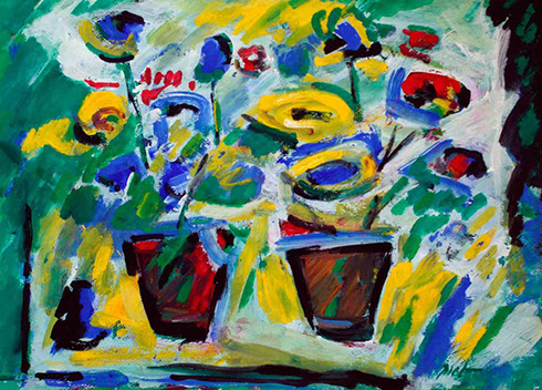 afbeelding van gouache, Potten met bloemen
