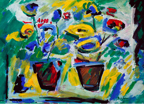 afbeelding van gouache, Potten met bloemen