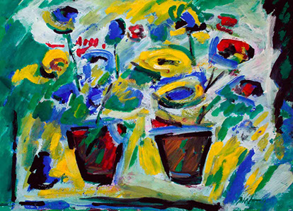 afbeelding van gouache, Potten met bloemen