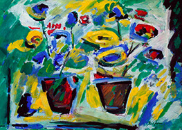 afbeelding van gouache, Potten met bloemen